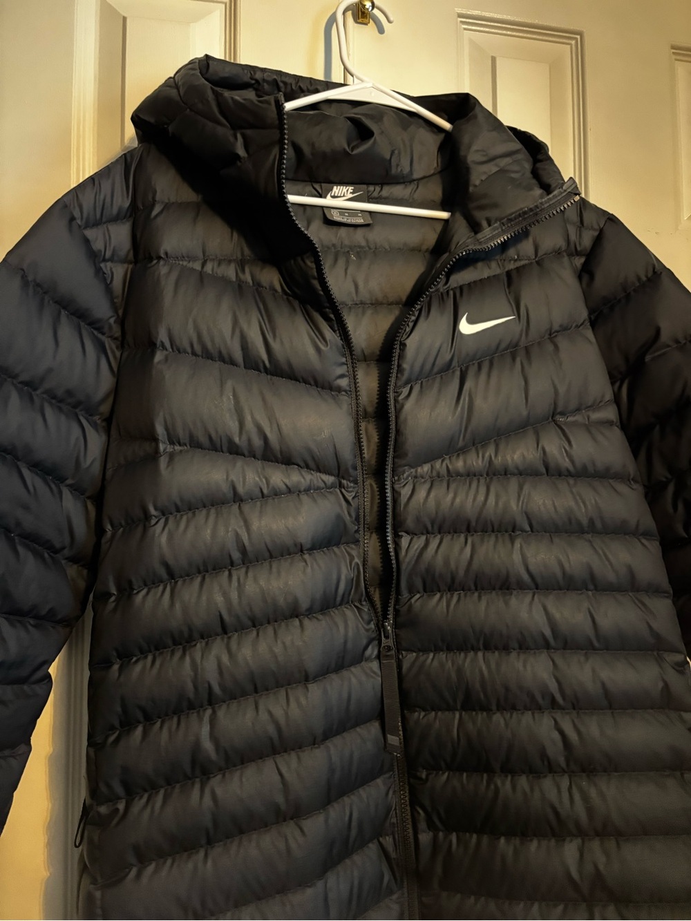 Nike Black Hooded Quilted Puffer Coat with White Swoosh